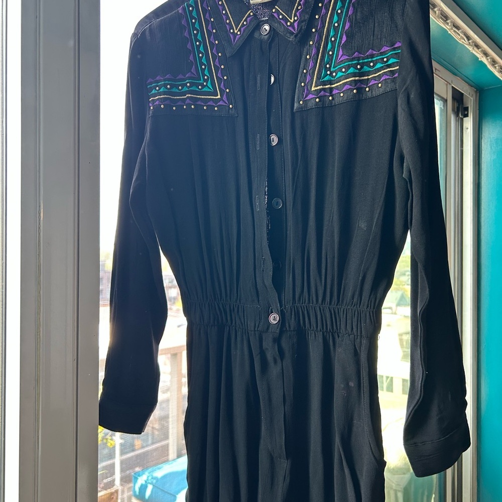 RARE Vintage Saint Germain Paris Black Embroidered Western Jumpsuit – Size 10 - Picture 2 of 8